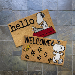 Licensed Peanuts Snoopy Woodstock Welcome/Paw Prints Multi-Colored All Weather Non-Slip Indoor/ Outdoor Coir Door Mats Set of 2, 20x34