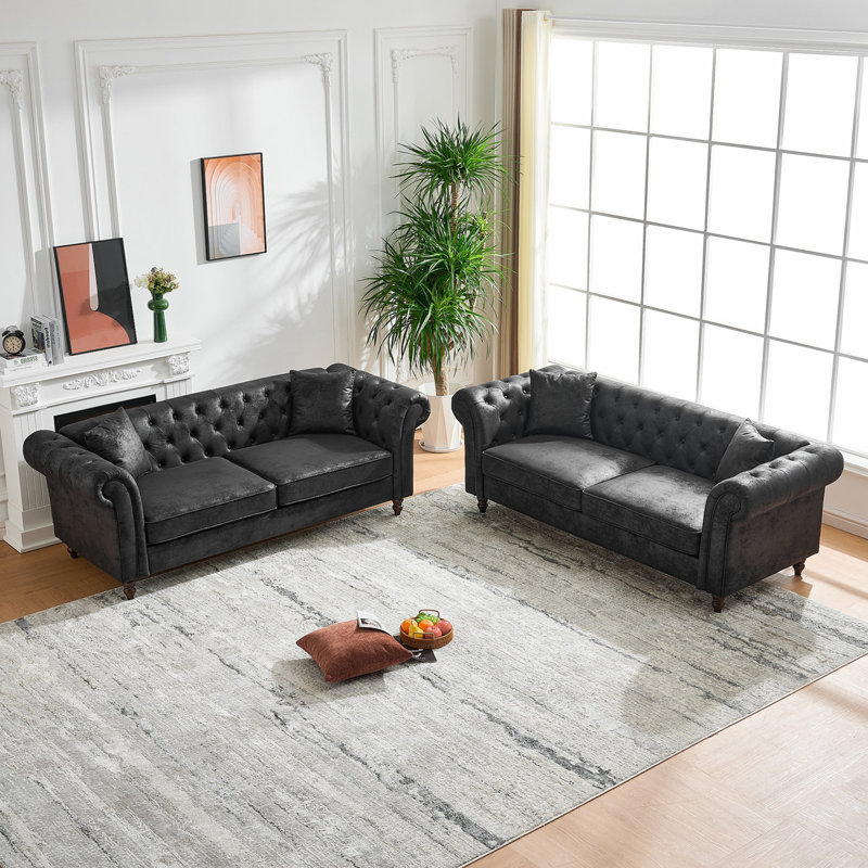 3+3 Seater Sofa Set Chesterfield ‌Tech Fabric Sofa,High-Tech Fabric Roll Armrest Sofa,Upholstered Mid Century Modern Couch,3 Seat+3 Seat Combo Couch
