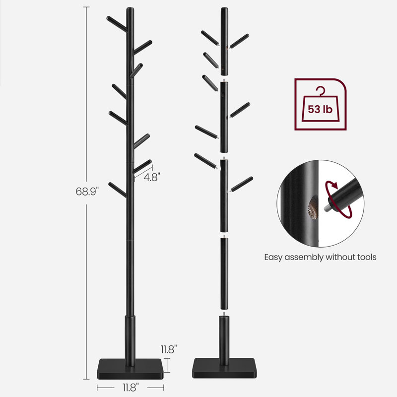 Trikomou Solid Wood 8-Hook Freestanding Coat Rack , Black