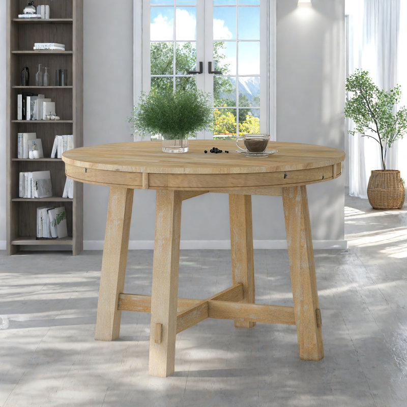 Table de salle à manger ronde Farmhouse avec rallonge, base en X, 4 à 6 places, bois massif et placage, Bois naturel