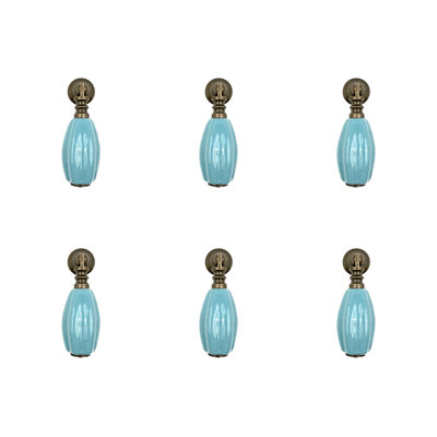Set of Six Aqua And Brown Ribbed Ceramic Drawer Pull Knobs