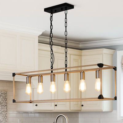  41" Modern Farmhouse 6-Light Linear Chandelier with Open Frame Pendant and Dual Chains, Adjustable Height,Ideal for Dining Room, Kitchen Island