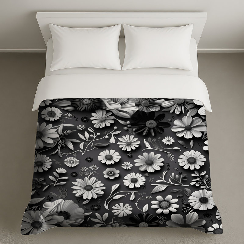Housse de couette moderne BlackWhiteFloral Bedding, Lit simple