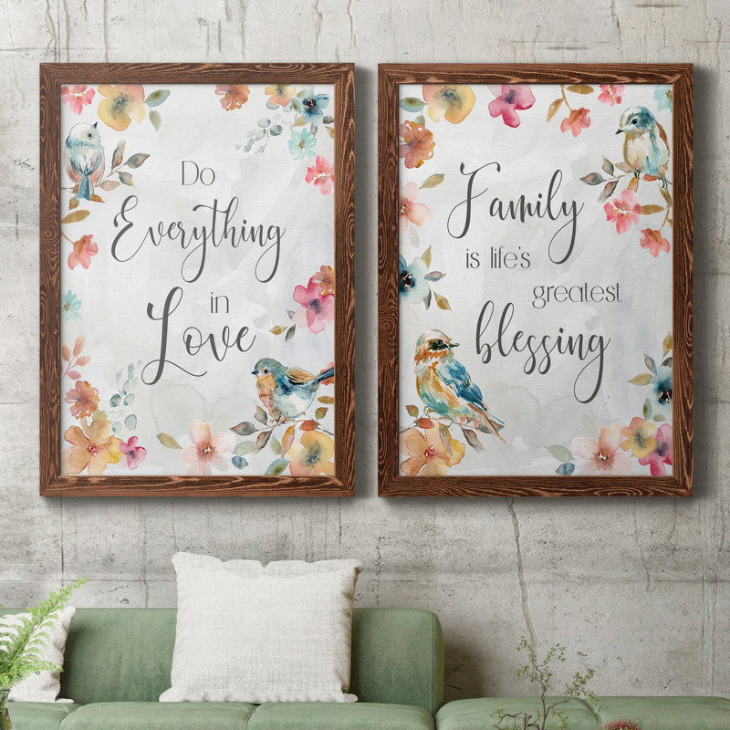 «Spring Bird Love», ensemble de 2 encadrements d'art textuel sur toile, Cadre en érable, H 20 po x l 34 po x P 1,5 po