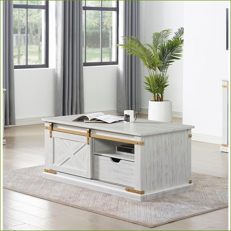 Table basse rustique antique blanche et dorée avec tiroir double face et tablette ouverte pour le salon