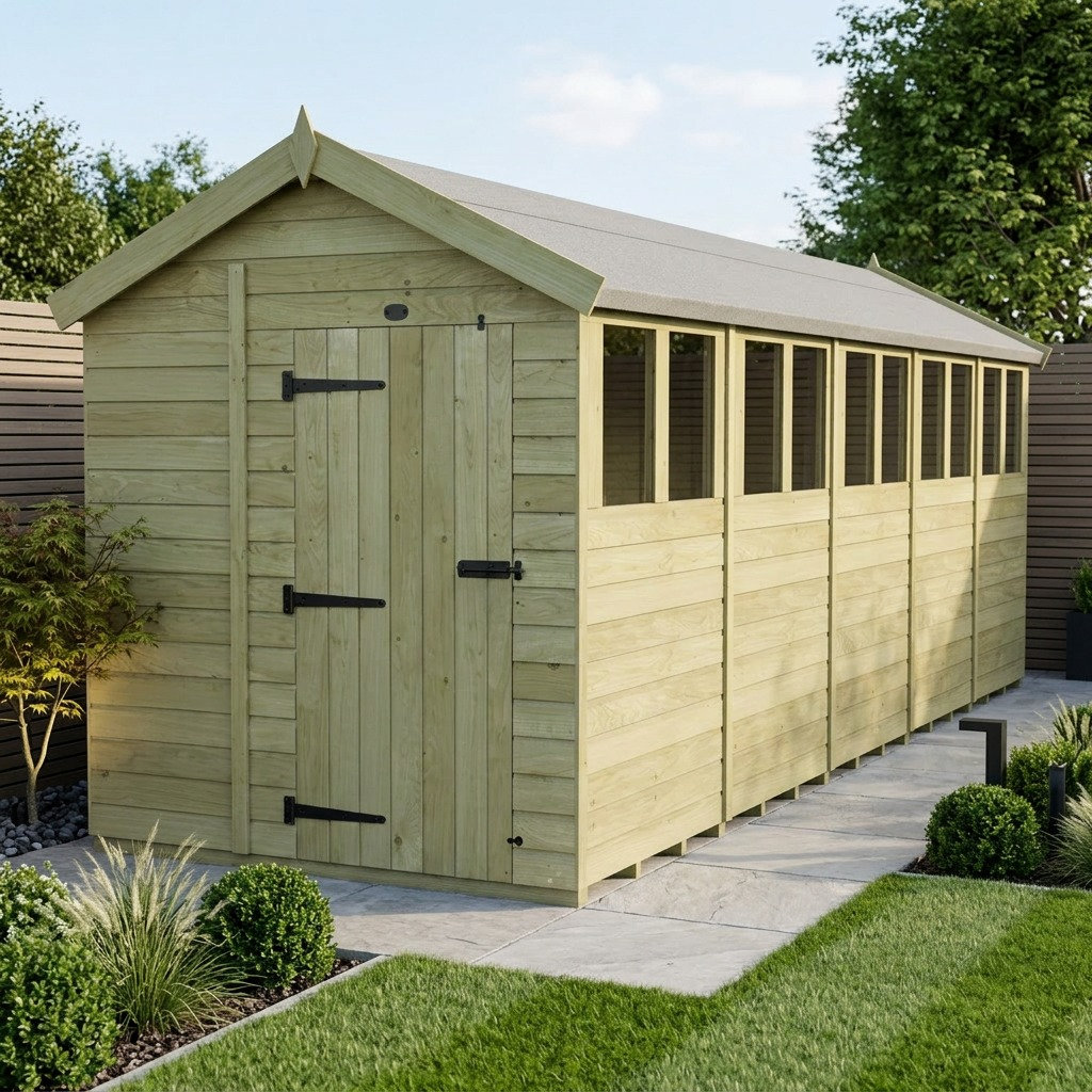 Total Sheds 6ft x 20ft Apex Garden Shed - Single Door - With Windows - Pressure Treated Timber - UK Manufactured