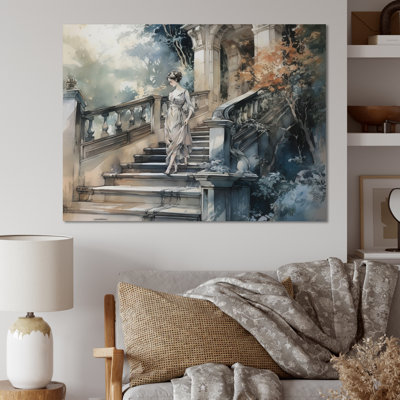 Femme élégante qui marche dans les escaliers I - Peinture