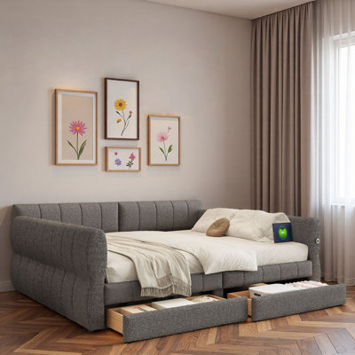 Upholstered Daybed With Usb And 2 Drawers