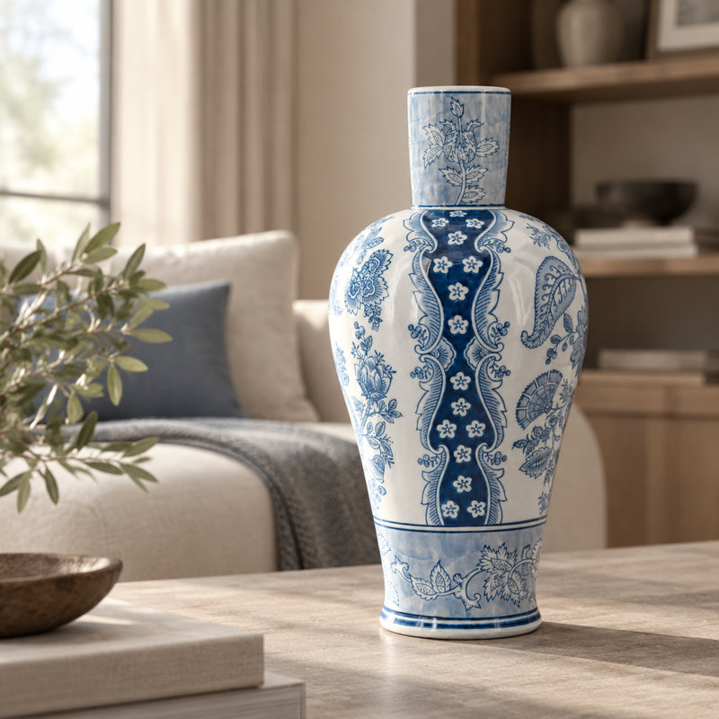 Vase en porcelaine de 43,6 cm (17,16 pouces) à motifs floraux bleus sur fond blanc