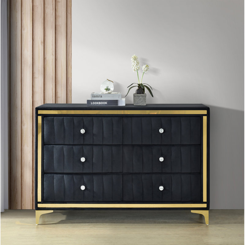 Scher Velvet 6 Drawer Dresser Fully Assembled with Gold Legs and Trim, Black