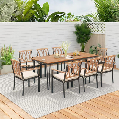 9 Pcs Patio Dining Table Chair Set, 79 In. L Dining Table With Umbrella Hole by George Oliver