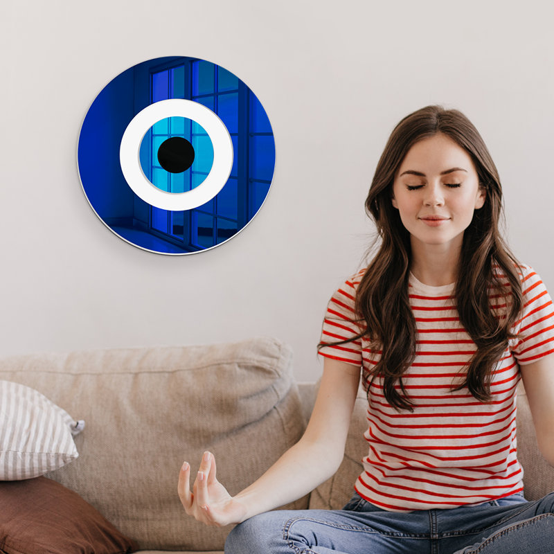 Blue and White Evil Eye Mirrored Wall Decor, 24" H x 24" W x 1" D