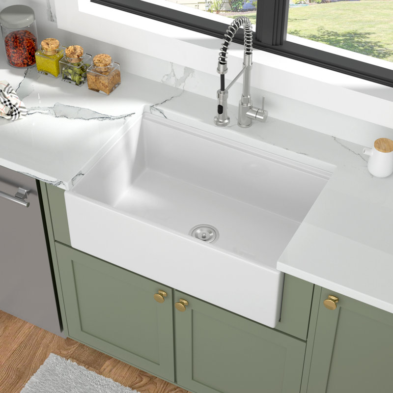 30"L x 20"W Ceramic Workstation Kitchen Sink Single Basin Farmhouse Apron Sink with Bottom Grid, 10" H x 30"L x 20"W