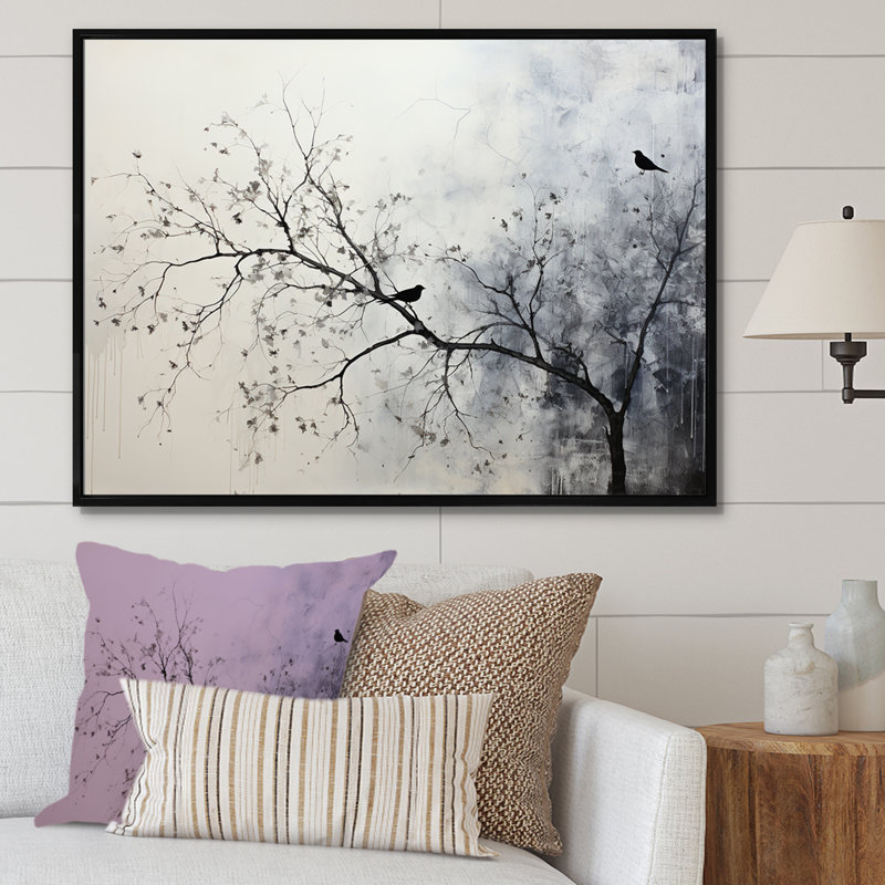 Minimalisme, oiseaux monochromes sur branche II - arbres, impressions sur toile, Cadre flottant noir, 30" H x 40" W