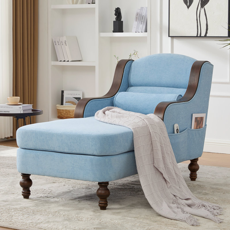 Chaise longue rembourrée en chenille de 27,2 po de largeur avec coussin lombaire et accoudoirs, Bleu clair