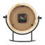 Horloge décorative en bois brun clair avec support en métal noir incurvé et détails de boule