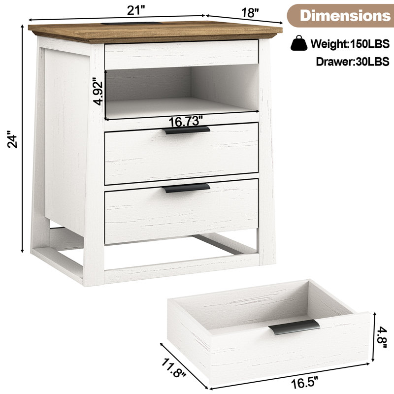 Tables de bout 24 tiroirs de 24 po de hauteur avec 2 tiroirs avec rangement et prises intégrées, détectant les lumières DEL pour le salon, la chambre à coucher