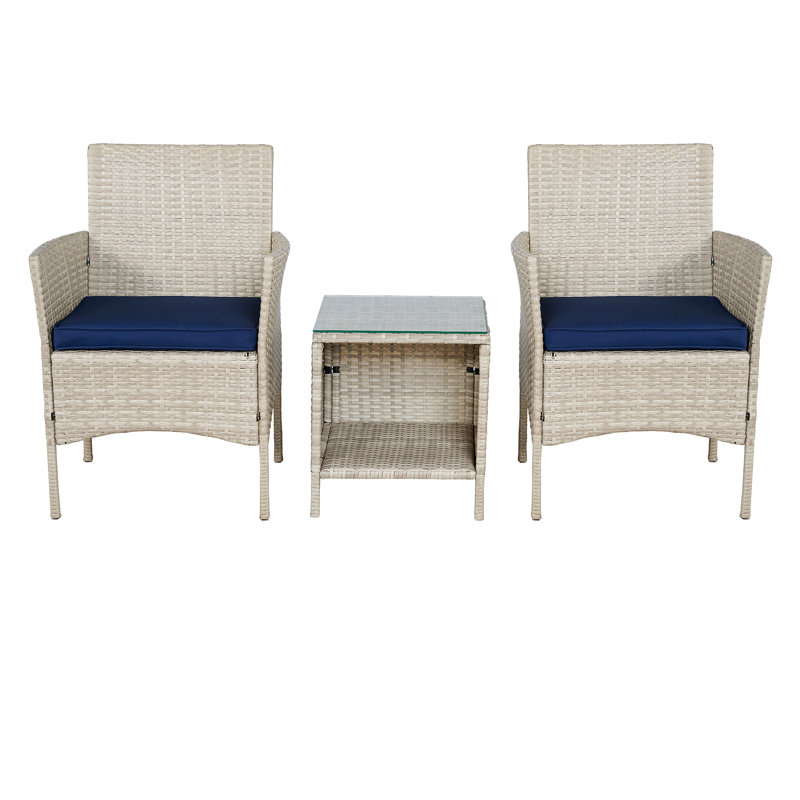 Ensemble de conversation avec coussins 3 pièces Jasone, Bleu foncé, Beige