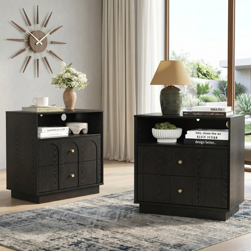 Ensemble de 2 tables de chevet à 2 tiroirs avec station de charge, table de bout arquée de style Mid-Century moderne avec tablette de rangement, table de chevet pour chambre à coucher, bureau