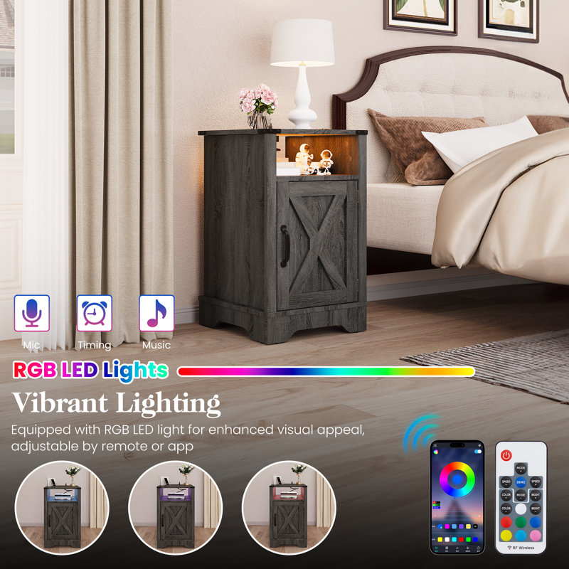 Led Nightstand With Charging Station, Gray, Set of 2