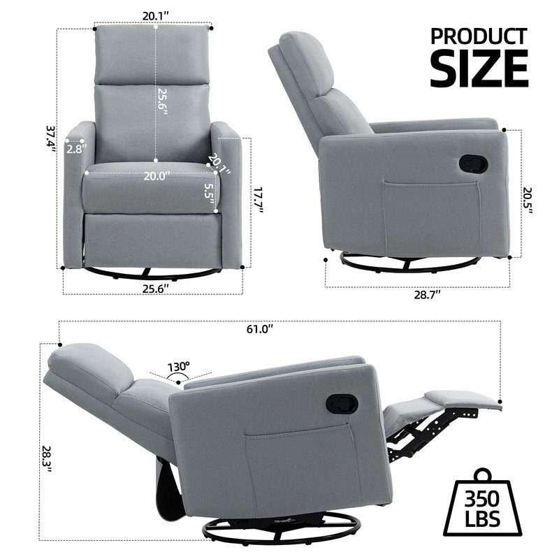Fauteuil inclinable manuel berçant moderne pivotant de 25,6 po de largeur avec poches latérales pour petits espaces, Gris