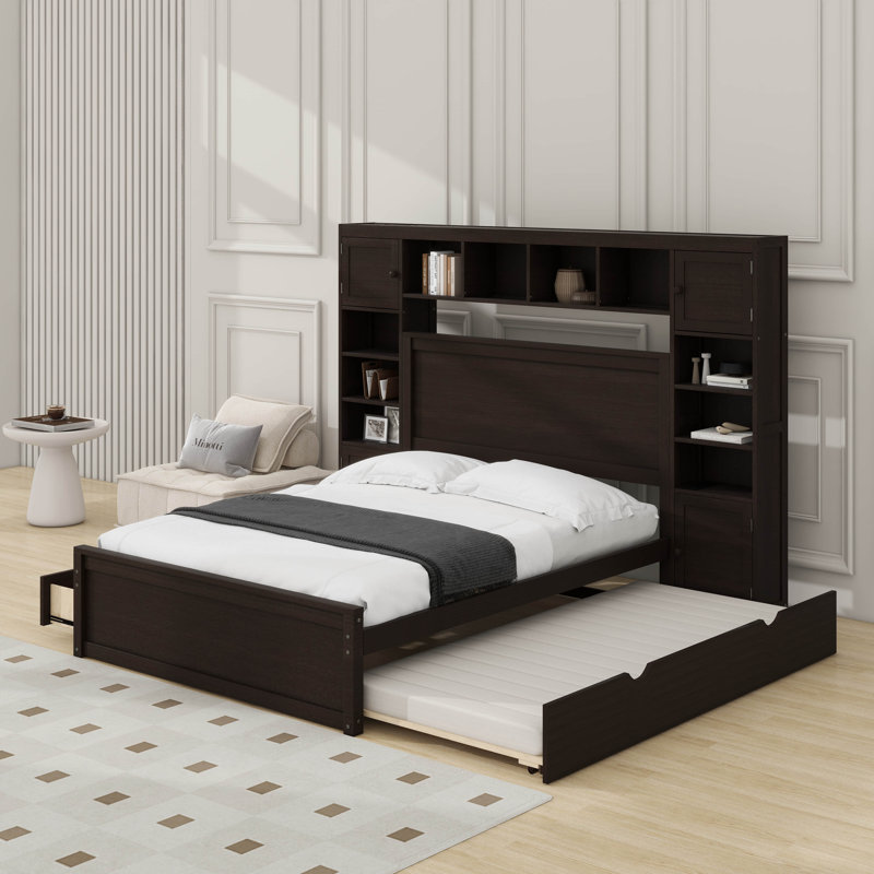 Lit en bois avec armoire, tablette et prises, lit gigogne simple TG, Espresso, Grand lit