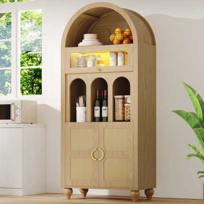 Burly 72.8" Tall Wood Arched Bookcase With Adjustable Shelves & Led Lights, Glass Doors
