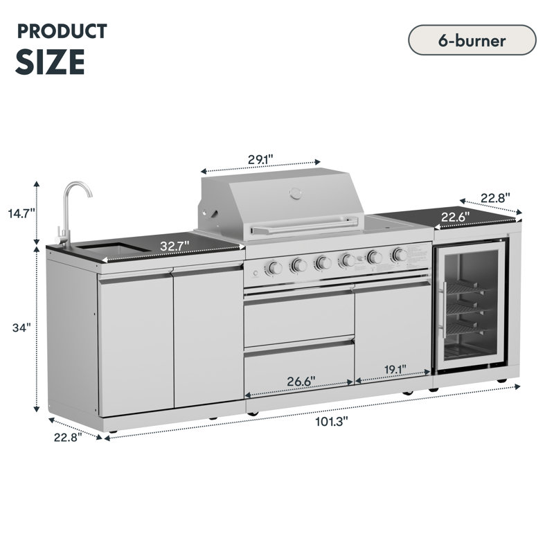 Îlot de cuisine extérieur modulaire en acier inoxydable avec réfrigérateur et évier Akoah