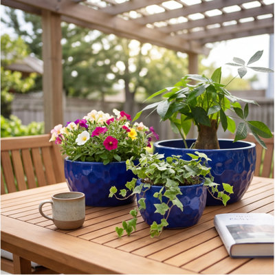 Ensemble de pots à fleurs en céramique fait à la main de 3 à 15, 12, 10 pouces de diamètre - Texture martelée bleu de cobalt - Pots en argile respirants pour plantes grasses, violettes et décor intérieur / extérieur