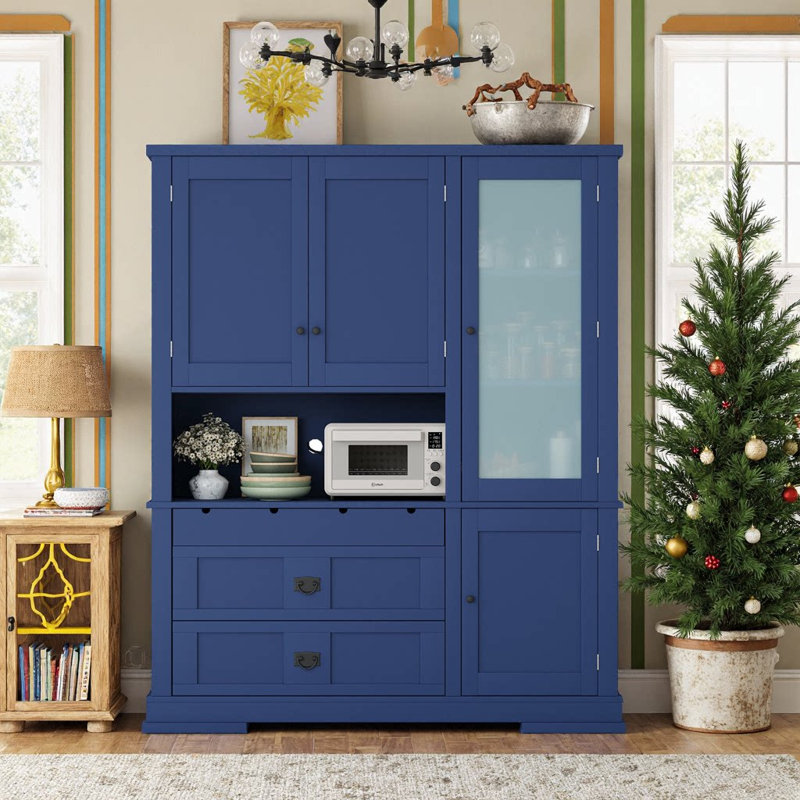 Grande armoire de cuisine autoportante avec rehausse de tablettes réglables et de tiroirs de rangement, Bleu