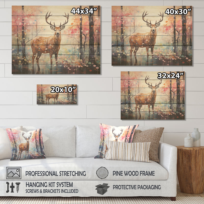 Cerf dans une forêt florale chatoyante - animal cerf sur bois, H 10 po x l 20 po x P 0,78 po