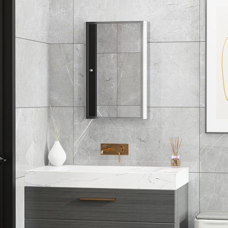 Armoire de salle de bain à miroir avec cadre vertical en acier inoxydable 16 po x 24 po, organisateur de rangement mural avec porte simple