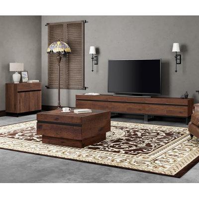 Nellie 3-Piece Modern TV Stand Set, 1 Entertainment Center For Tvs Up To 110 Inch, 1 Square Center Table With Tempered Glass, 1 Storage Cabinet For Living Room, Brown