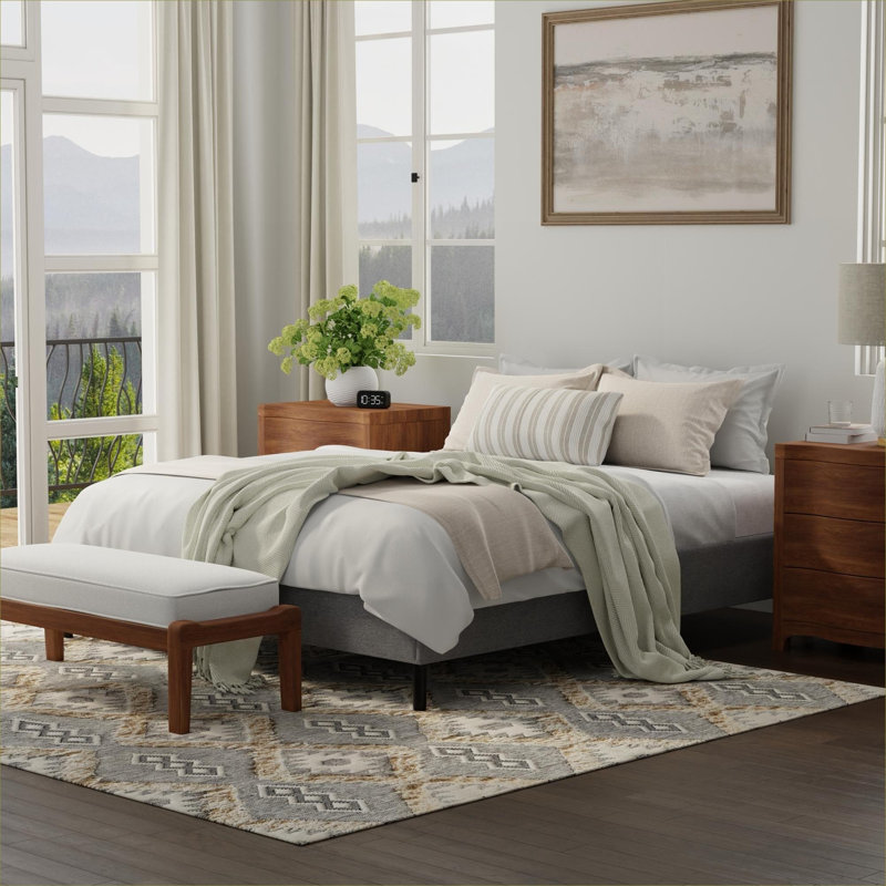 Black  upholstered platform bed base, queen size bedroom mattress support for all standard mattress types, Queen