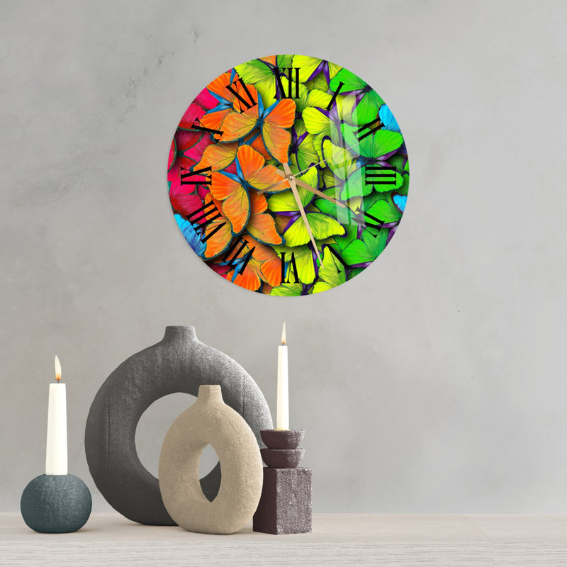 Tempered Glass Colorful Butterfly Style Silent Wall Clock Abstract Unique Home Decor, Black