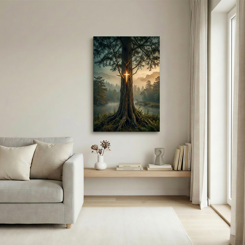Art mural sur toile, "Brillant de croix dans un tronc d'arbre antique", 24"H x 16"W