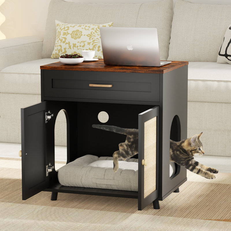 Tucker Murphy Pet™ 23.6'' Modern Wood Cat Litter Box Enclosure Cabinet With Drawer, Black