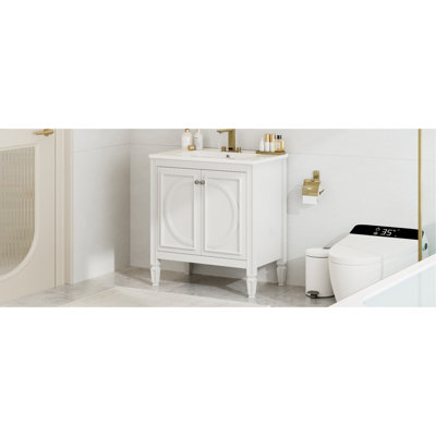 Meuble-lavabo de salle de bain avec lavabo, deux portes avec tablette, charnières de porte à fermeture en douceur, style rétro