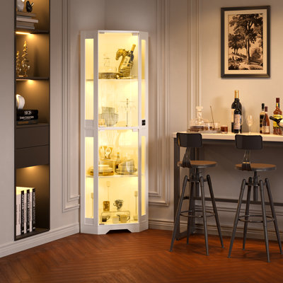 65" Corner Glass Display Cabinet With Led Lights, 4-tier Showcase Display Case With Glass Doors & Human Body Sensor, Curio Cabinet For Collectibles, Figure, Liquor, White