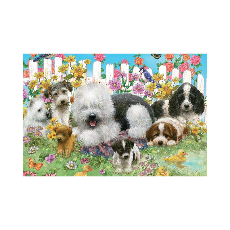 Picket Fence Pups - Wrapped Canvas Painting, 30.48 cm H x 45.72 cm W