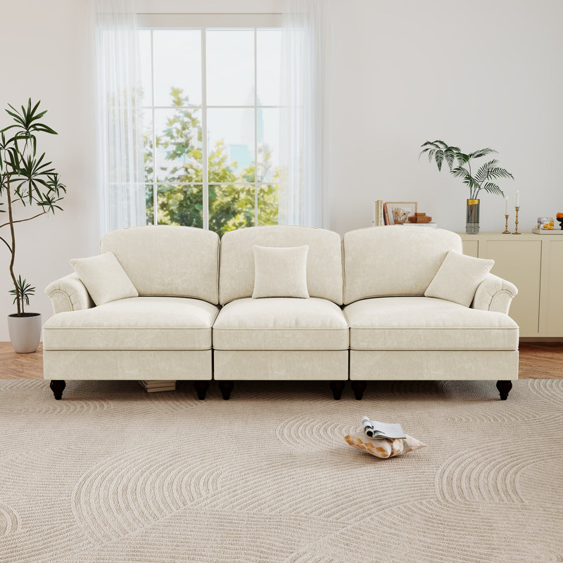 Mid Century Upholstered Loveseat,Three Seater Sofa Couch With Flared Arms And Removable Ruffles Pleats Skirts, Beige