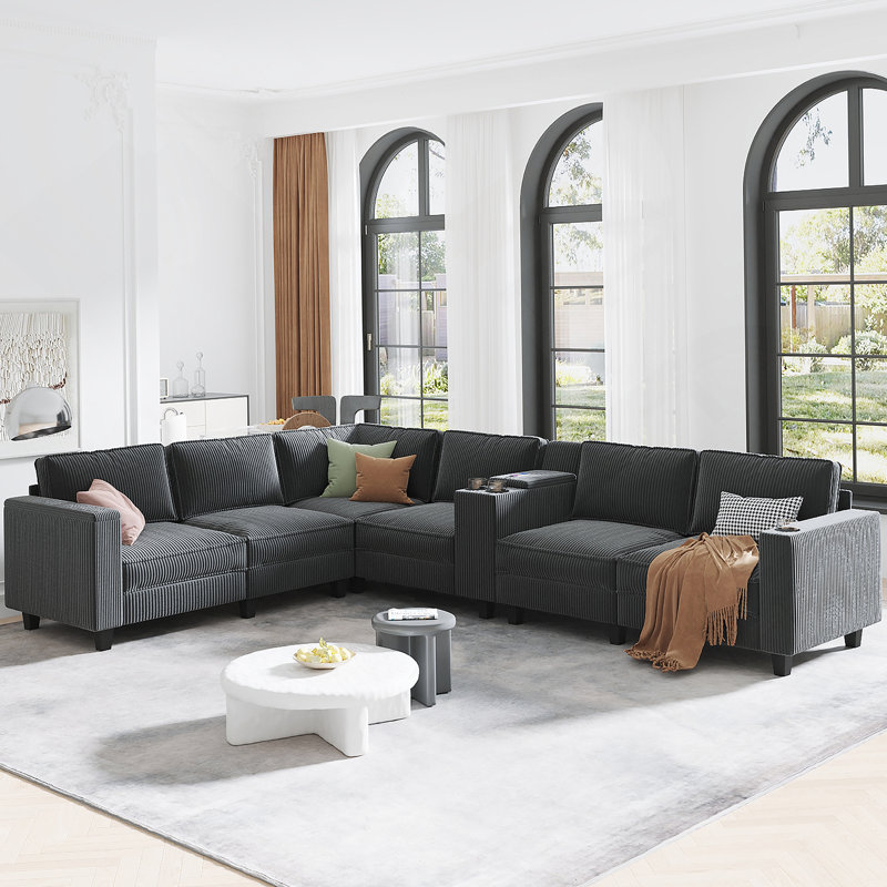 Canapé polyvalent en forme de L avec grands accoudoirs de rangement, console centrale, charge USB et sièges interchangeables pour plus de confort et de commodité