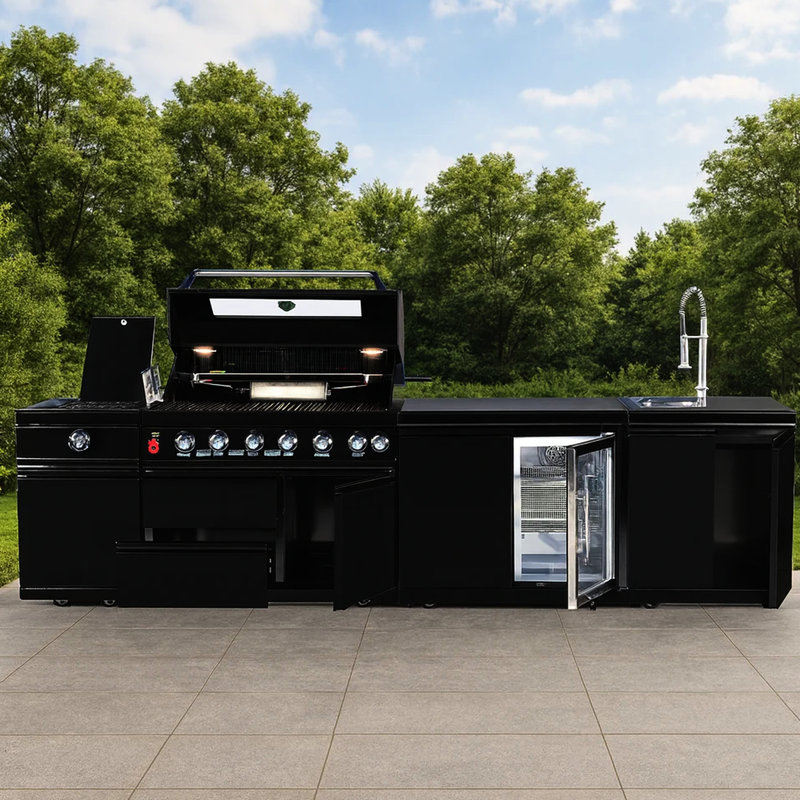 Barbecue au gaz en acier inoxydable noir à quatre brûleurs, conçu pour la cuisine extérieure, barbecue à haut rendement et facile d'entretien, de qualité professionnelle, avec zones de cuisson polyvalentes simples
