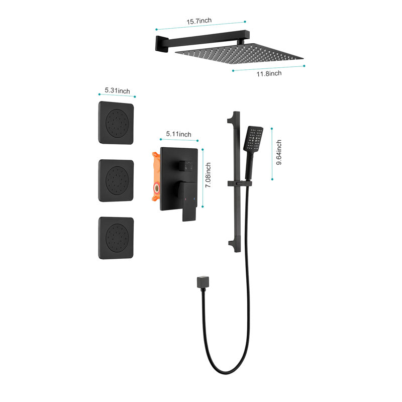 Shower System In Matte Black With Practical Design: Head, Hand Shower, Slide Bar, Bodysprays, Arm, Hose, Valve Trim Bathroom Shower: Head