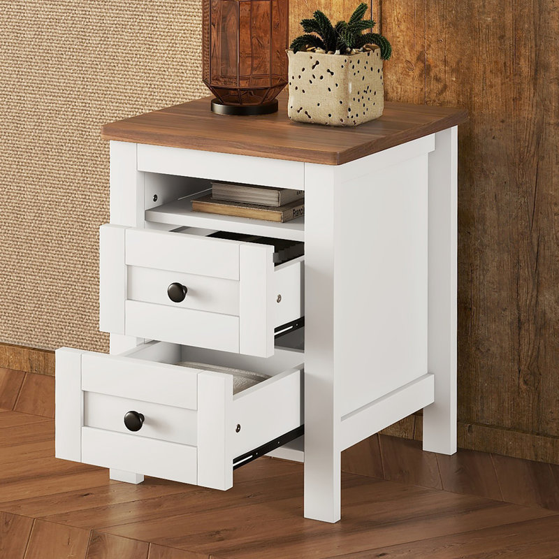 Table de chevet blanche et brune avec 2 tiroirs pour la chambre à coucher