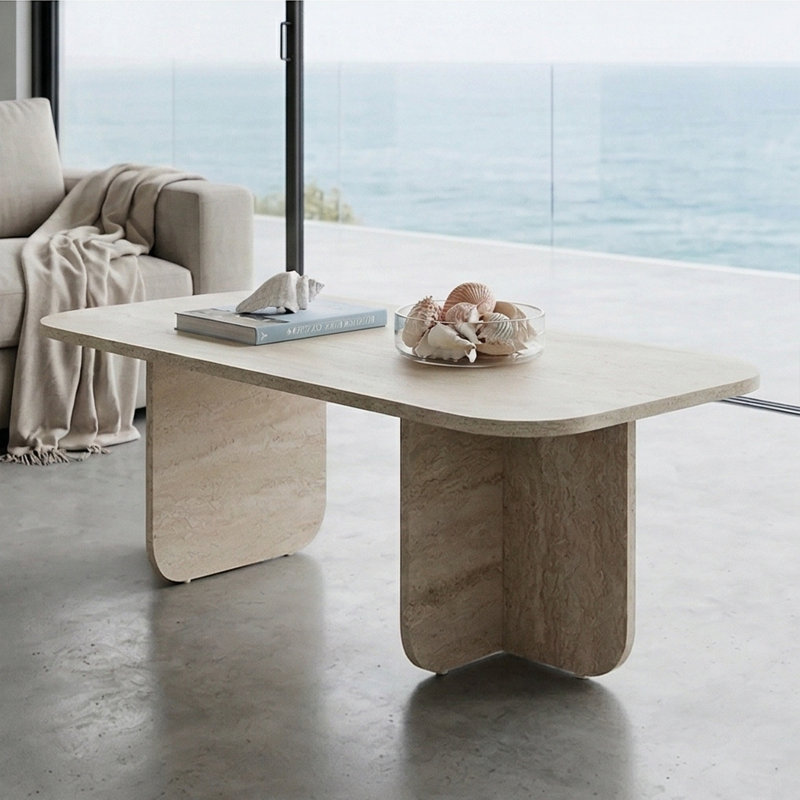 Elara Rectangular Sculptural Coffee Table, Travertine
