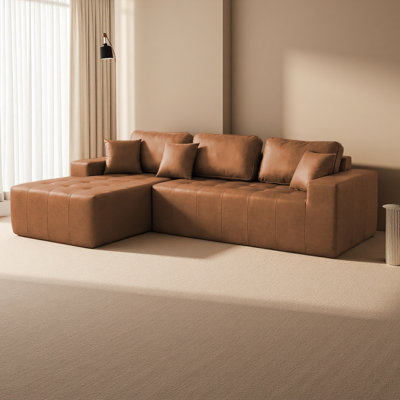 Faux Leather Corner Chaise Compression Sofa Bed, L-Shaped Sectional Couch with High-Density Sponge, No-Assembly Required Convertible Sofa for Living Room,