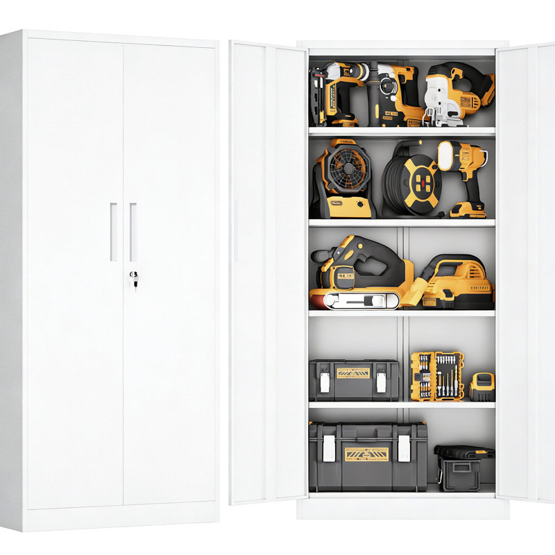 Armoire de garage en métal blanc avec 4 tablettes réglables et verrou antivol pour la classe Pantry