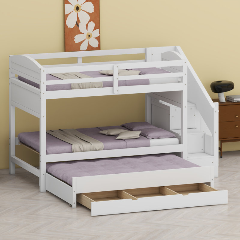 Lit superposé avec lit gigogne, tiroirs de rangement, escalier et garde-robe, Blanc