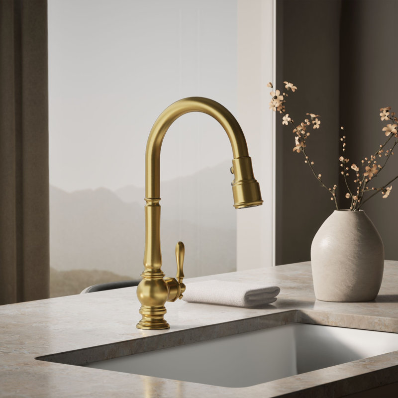 Artifacts® Pull Down Single Handle Kitchen Faucet, Vibrant Brushed Moderne Brass